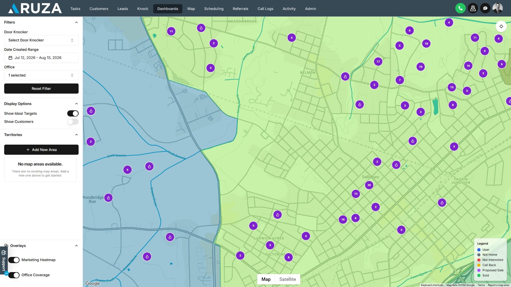 Centerpoint field operations map with ideal target clusters, marketing heatmap, and office coverage