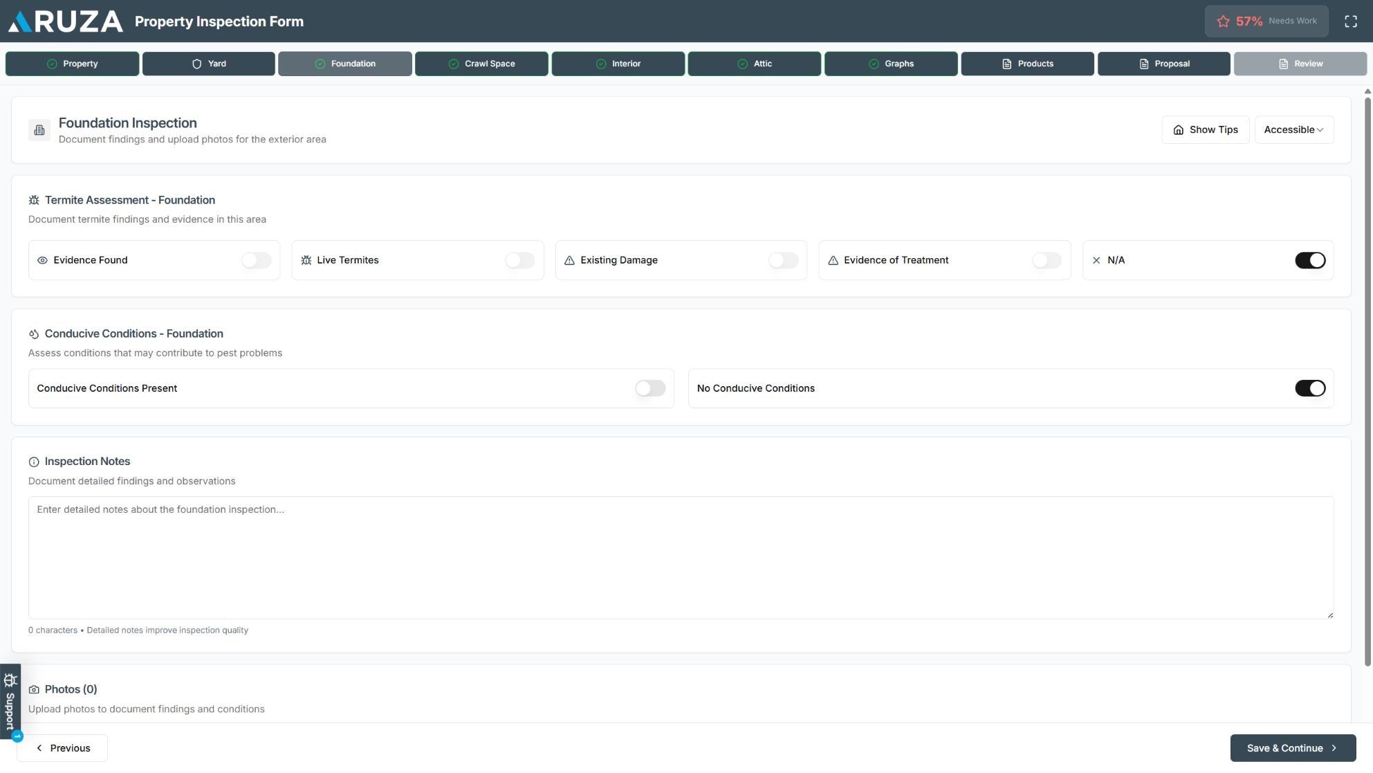 Centerpoint property inspection workflow showing a completed foundation assessment