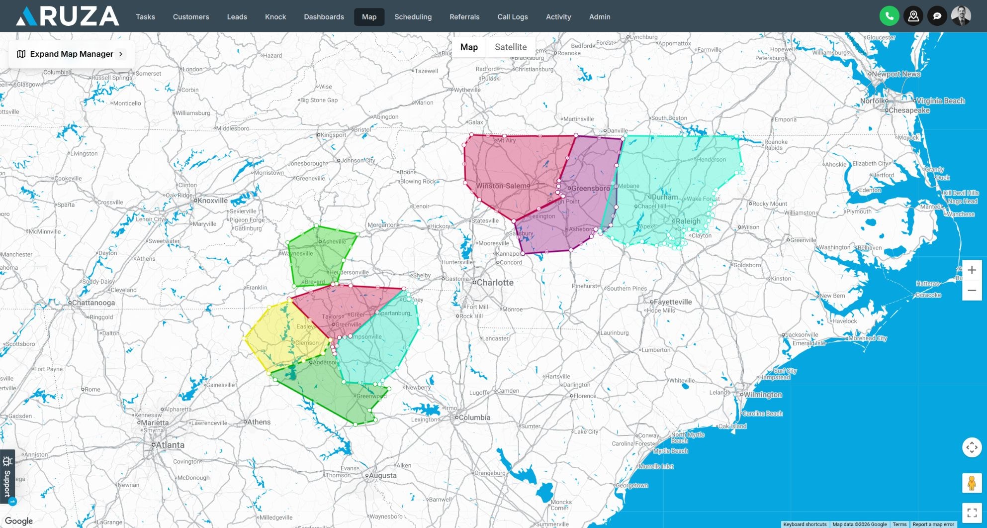 Centerpoint map manager showing color-coded regional sales territory polygons across the Carolinas