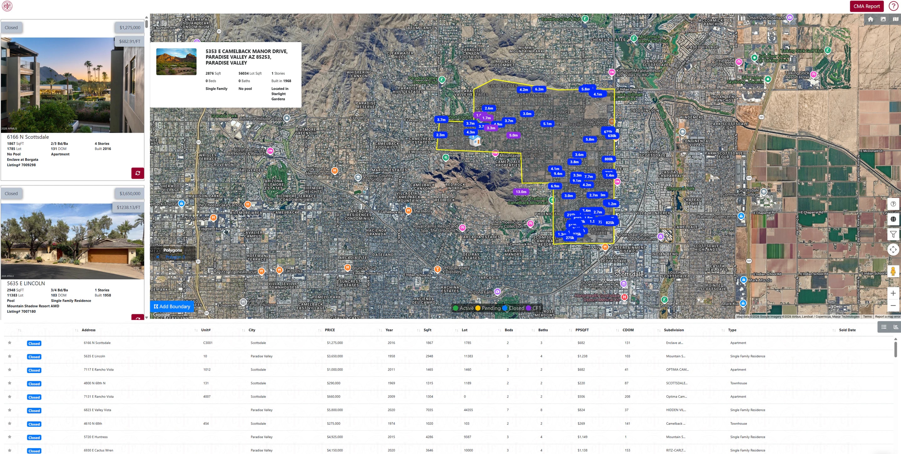 MLS-connected comping workspace with comparable properties and market activity